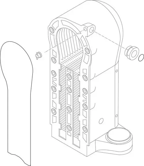 Schematische Darstellung eines Wärmetauschers von Bosch, mit einem fokussierten Blick auf die Innenstruktur und einzelnen Bauteilen.